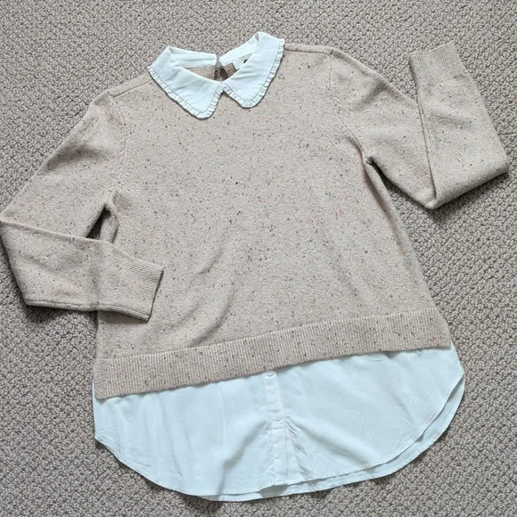 Neutral Marled Sweater Peter Pan Collar and Layered Shirt Hemline - Picture 6 of 12